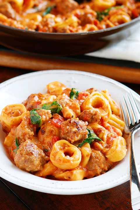 One Skillet Italian Sausage Tortellini Recipe | Two Cans On A String